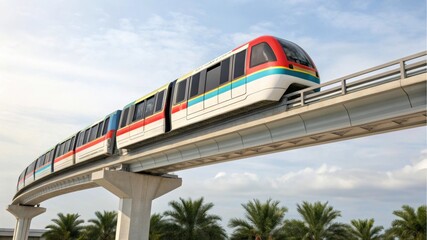 A modern monorail train travels along an elevated track, surrounded by lush greenery and a clear sky.