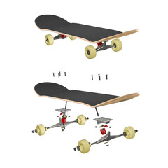 Exploded view of skateboard with all components in white background. 3d rendering. © icafreitas