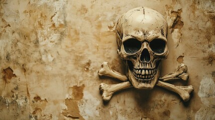 Vintage Skull and Crossbones Halloween Decoration on Textured Beige Wall with Empty Copy Space for Creative Text Placement