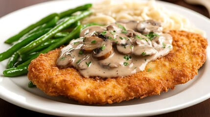 Breaded schnitzel with mushroom sauce and green beans