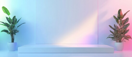 Bright Minimalist Studio with White Background and Vibrant Pink Blue and Green Lighting Featuring Potted Plants and Large Empty Text Space