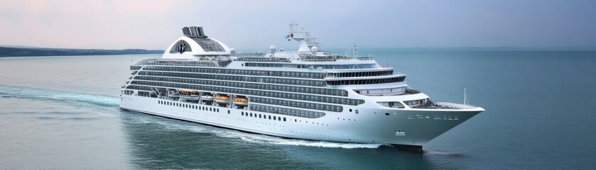 A luxurious cruise ship glides through a serene sea.
