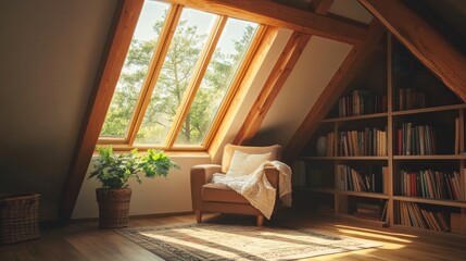 Naklejka premium Cozy attic interior featuring wooden beams, comfortable armchair, bookshelf filled with books, large windows with green view, warm lighting