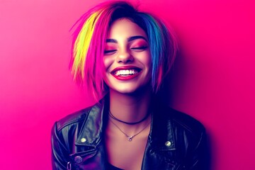 Commercial promotion concept art. Short trim - multicolored hair. Attractive smiling mixed-race girl - for ads, magazine ad and social networks use. Short hair style. Vibrant glam portraits.