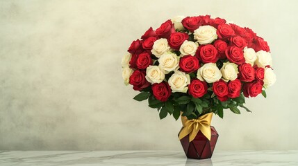 Obraz premium luxurious bouquet of ruby-red and cream roses accented with golden ribbons styled in modern geometric vase on marble