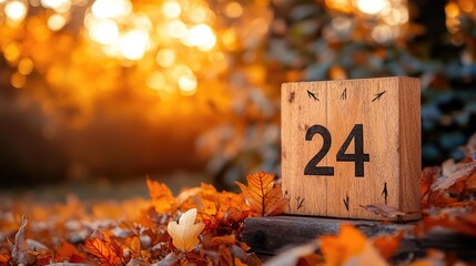 Wooden calendar showcasing November 24 surrounded by vibrant autumn leaves in a soft-focus background with warm golden tones and ample space for text.