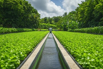 Fototapeta premium detailed view of water-efficient irrigation system in sustainable farm surrounded by vibrant crops overall composition