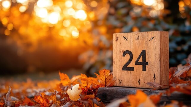 Wooden calendar showcasing November 24 surrounded by vibrant autumn leaves in a soft-focus background with warm golden tones and ample space for text. - Powered by Adobe