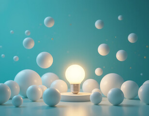 Creative new idea concept with light bulbs. One light bulb standing out from others bulbs floating on dark background. Business, success, think positive, inspiration, solution symbol. 3D Animation