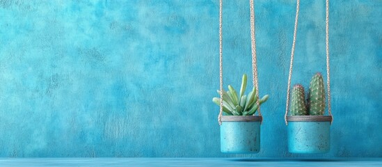 Fototapeta premium Hanging succulent plants in blue pots against vibrant blue textured wallpaper with empty copy space for your design and text elements