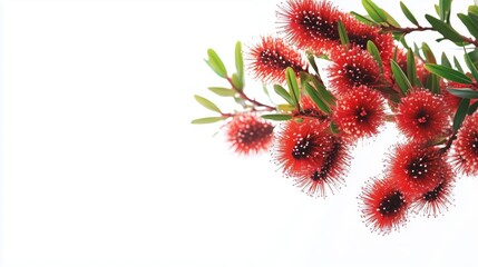 A vibrant red bottle brush flower branch stands out against a clean background, its unique texture creating a striking banner with plenty of copy space.