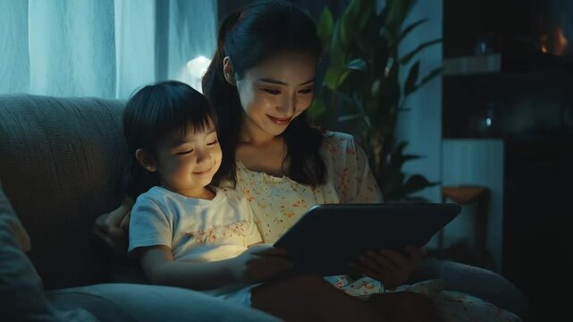 Scene of woman and her child sitting on sofa looking at tablet, smooth repetitive motion for background video animation