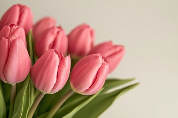 Fototapeta premium blurry close-up of vibrant pink tulips in decorative bouquet arranged elegantly on white surface under soft natural