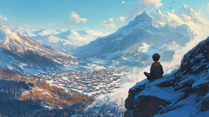 Fototapeta premium Traveler hiker in snowy mountain, travel, freedom and happiness, achievement in mountains concept 