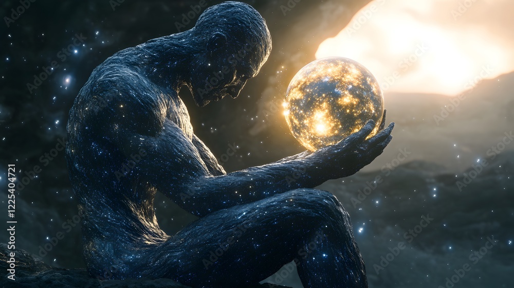 Poster cosmic figure holding shimmering orb of stars in mystical setting