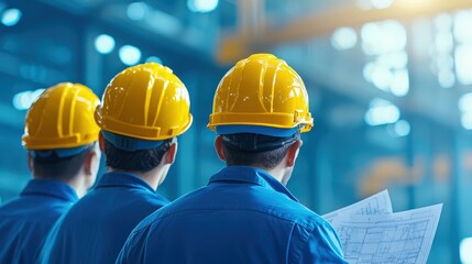 Three men in hard hats reviewing blueprints during a professional engineering team meeting in a modern office