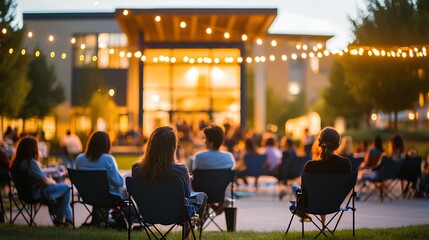 An outdoor community forum at a public plaza, residents gathered in folding chairs under string lights, listening intently as a panel of local leaders discusses upcoming projects