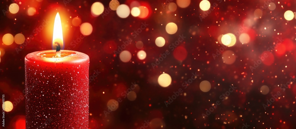 Poster glowing red candle with flickering flame emitting warm light in dark setting with shimmering bokeh l