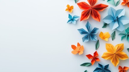 Softly colored origami flowers are scattered across a clean white surface, creating a minimalistic yet lively spring design with plenty of room for customization.