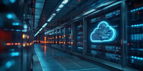 A glowing cloud icon in a modern data center, representing cloud computing and digital infrastructure.