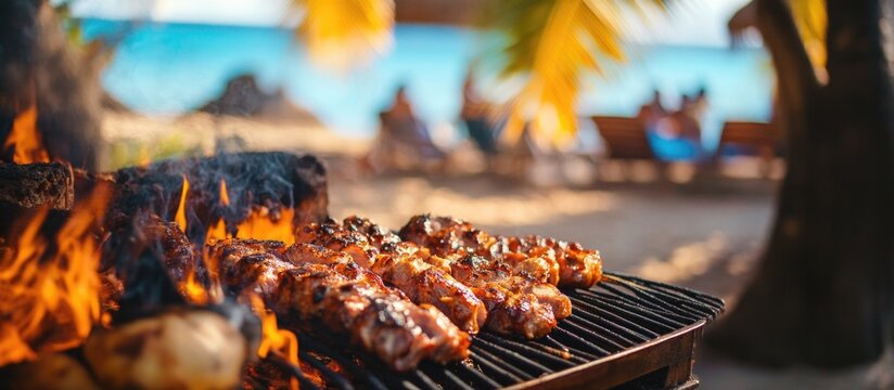 Fototapeta Hawaiian Barbecue Pork Feast on Tropical Beach at Coastal Camp with Grilling Setup and Scenic Ocean View under Palm Trees