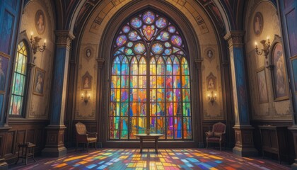 Obraz premium Vivid stained glass window casting colorful patterns. Multicolored modern interior design. Oil painting style