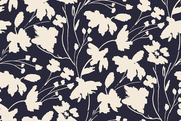 ПустоSimple monochrome two-color seamless pattern with flowers silhouette.