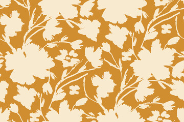 Simple monochrome two-color seamless pattern with flowers silhouette.