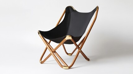 Stylish modern black portable folding chair with brass accents positioned elegantly on a minimalist white background ideal for outdoor settings