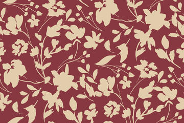 Simple monochrome two-color seamless pattern with flowers silhouette.