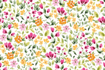 Cute feminine seamless watercolor pattern with little tiny wildflowers, hand drawn, not AI