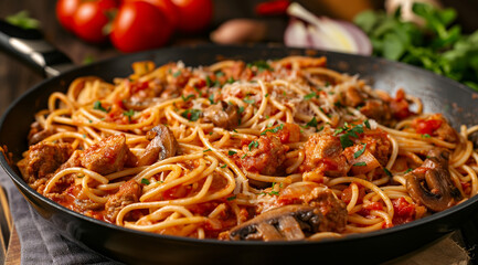 Food Photography of Noodles with Braised Meat in a Pan, Featuring Rich Textures and Vibrant Colors for Culinary and Recipe Projects
