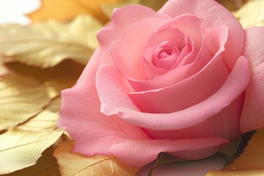 blurry close-up of decorative note card surrounded by golden leaves and vibrant pink rose under diffused lighting
