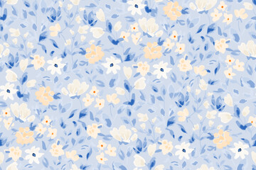 Cute feminine seamless watercolor pattern with little tiny wildflowers, hand drawn, not AI