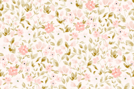 Cute feminine seamless watercolor pattern with little tiny wildflowers, hand drawn, not AI