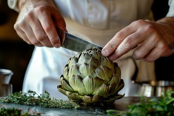Chef preparing artichoke with knife in kitchen