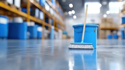 Blue bucket and broom on the floor next to industrial mop and bucket set in a warehouse environment