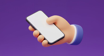 3D Render of Cartoon Hand Holding Smartphone with Blank Screen