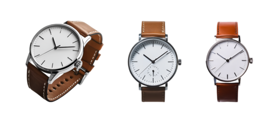 Classic wristwatch with brown leather strap isolated on a transparent background