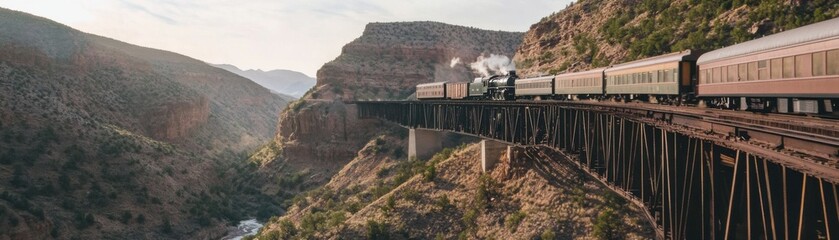 Fototapeta premium A scenic train journey crosses a bridge over a deep canyon.