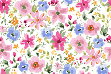 Cute feminine seamless watercolor pattern with little tiny wildflowers, hand drawn, not AI