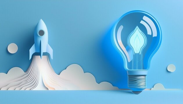 Innovation launch concept. Creative concept of innovation with a rocket and light bulb on blue background.