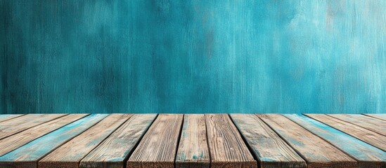 Fototapeta premium Aquamarine Abstract Light Background with Textured Wood Plank Flooring in Bright Room Setting Featuring Empty Copy Space for Text