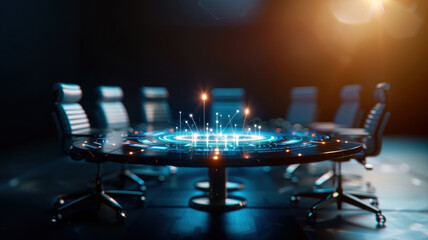 futuristic conference room with circular table displaying digital projection, surrounded by modern chairs, creating high tech atmosphere