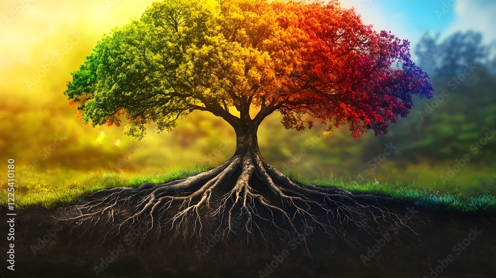 Poster vibrant colorful tree with deep roots in a lush landscape