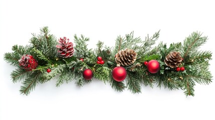 Christmas Evergreen Bough Decoration with Red Baubles and Pinecones Isolated on White Background Ideal for Holiday Text and Seasonal Design