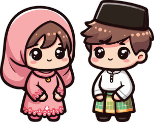 Cute muslim boy and girl. Happy Ramadan, Happy Fasting Day. Selamat Hari Raya Aidilfitri greeting card cartoon character.