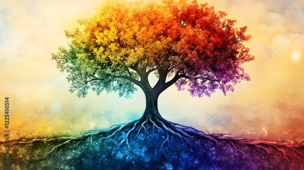 Poster vibrant tree with colorful leaves and roots abstract artwork