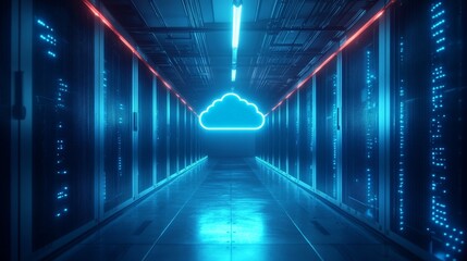 A glowing cloud icon in a modern data center, representing cloud computing and digital infrastructure.