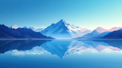tranquil mountain scene with blue sky and serene lake reflecting majestic peaks. calm atmosphere evokes sense of peace and natural beauty